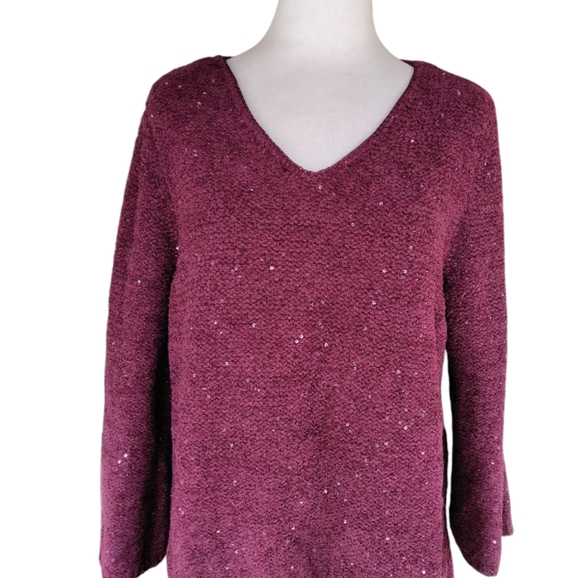 Chico's Chenille Shine V-Neck Pullover Wine Color Sequin Detail Size 2 Large - Picture 3 of 9